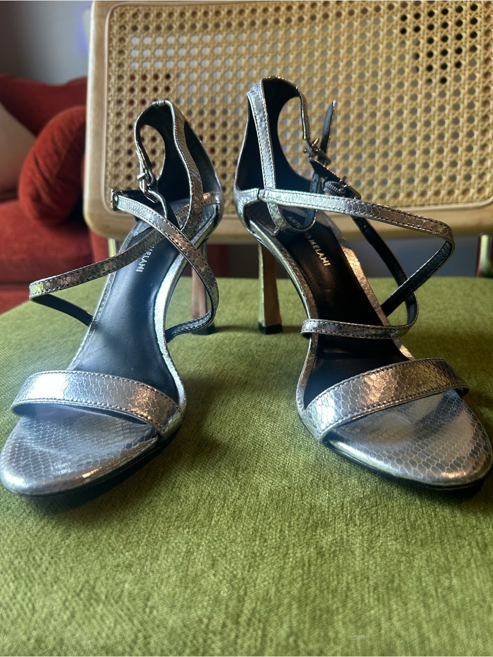 Antonio Melani Metallic Silver Snake Embossed Strappy Heels Size 8.5